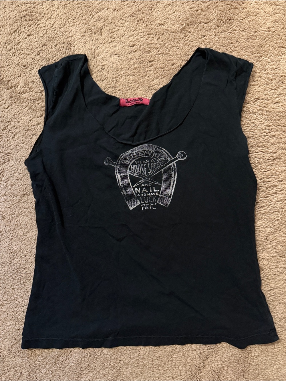 Betsey Johnson Black Graphic Scoop Neck Tank Top with Horseshoe Print